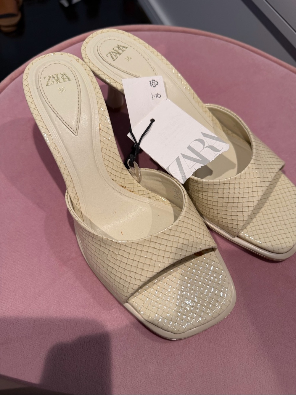 ZARA Cream Woven Square-Toe Slip-On Mules